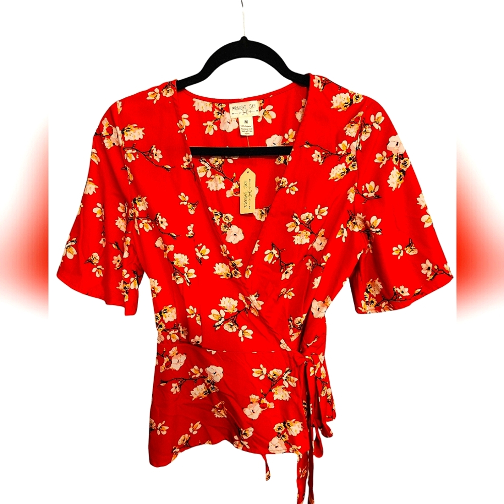 Red Cherry Blossom Wrap Top. Brand New With Tags